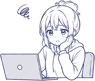 ノートPCの前で頬杖をついて疲れているマスコット